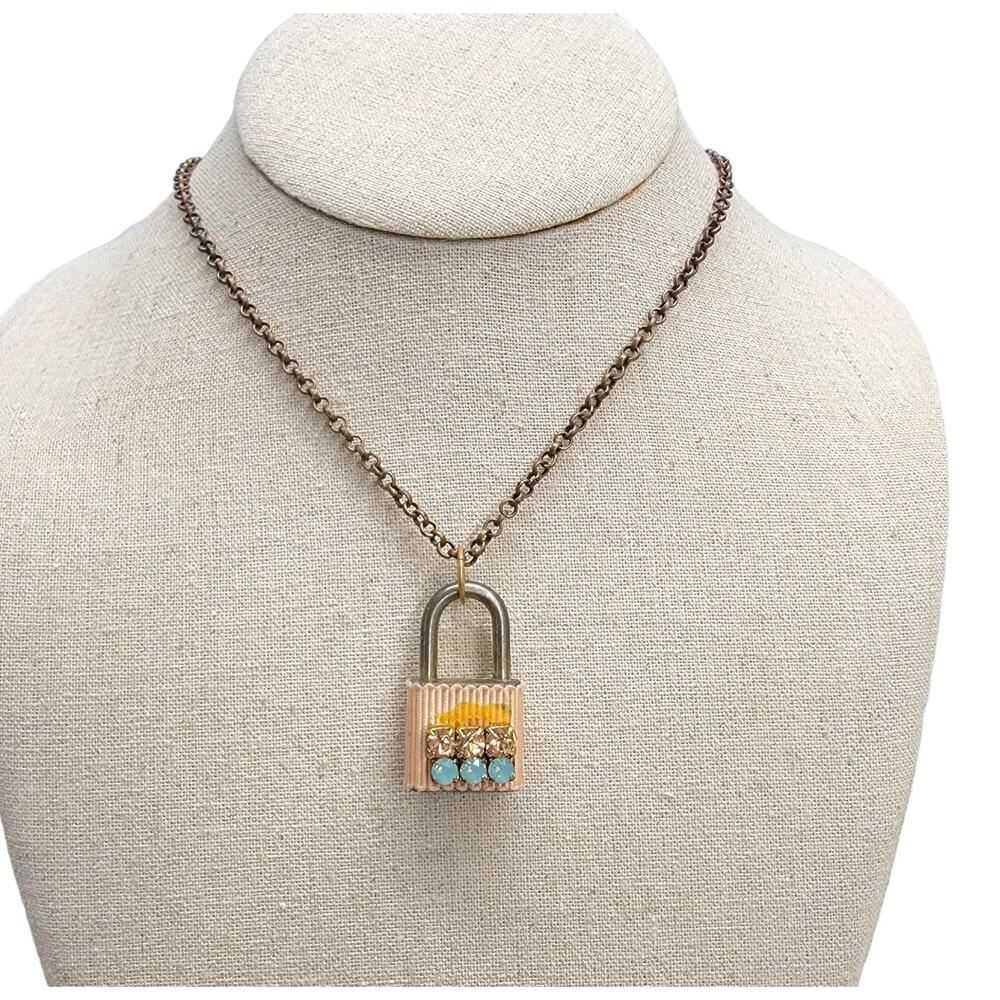 Lenora Dame Padlock Ribbon Pendant Necklace Crystal Rhinestone Antique Brass